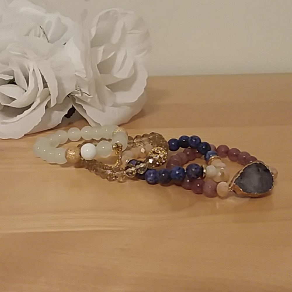 4 Piece Mixed Stone and Druzy Bracelet Set